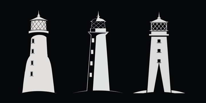 Lighthouse logo vector set. Minimalist silhouette coastal beacon tower icon collection.