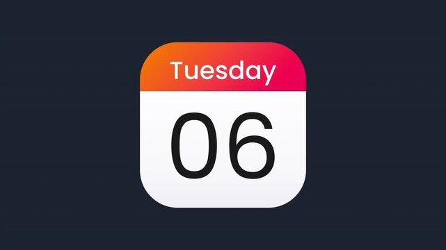 Tuesday 6th Calendar Date Icon Animation Contemporary Time Management Interface Graphic Prores Alpha Channel 4K 60fps
