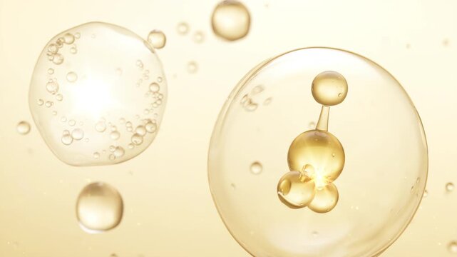 3D animation of collagen and vitamin serum bubbles swirling in a clear liquid for skincare background.