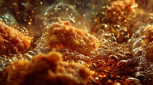 Closeup of crispy breaded chicken pieces deep frying in hot bubbling oil in a kitchen fryer