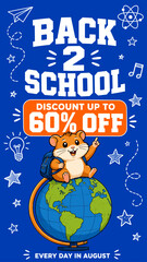 Fototapeta premium Back to school discount up to 60% off with cute hamster on globe