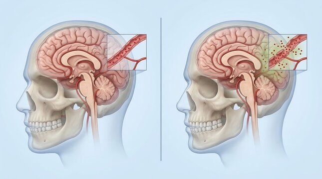 Medical illustration showing a comparison between a healthy and damaged blood-brain barrier in the human head