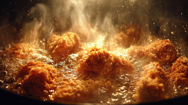 Closeup of crispy golden fried chicken pieces cooking in a deep fryer with hot bubbling oil and steam rising
