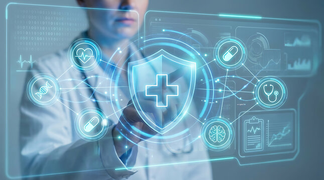 A medical in a white lab coat touching a holographic interface with a central medical shield, dna, heartbeat, and pill in blue light