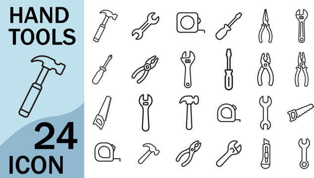 Hand tools icon set for construction repair and maintenance
