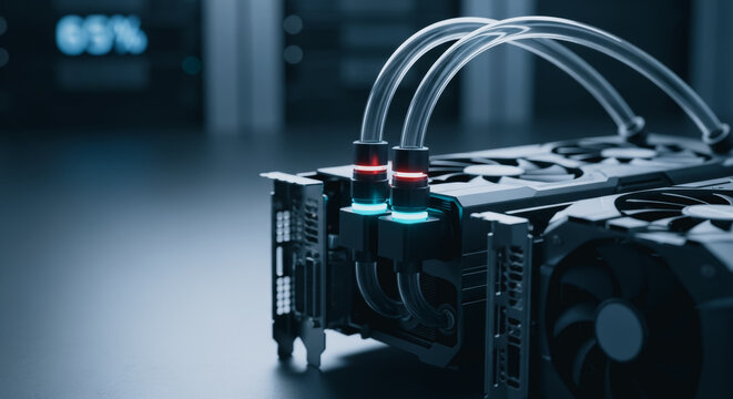 High performance liquid cooled graphics processing unit in a server room representing advanced computing power
