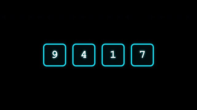 Minimalist digital interface animation with glowing blue numerical digits appearing inside rounded square frames against a simple dark black background