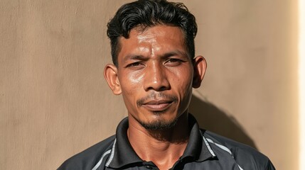 Fototapeta premium Heat Stress Worker Young Southeast Asian Delivery Driver Dizzy Look