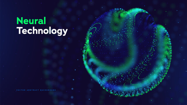 Neural Technology Abstract Background Featuring Glowing Particle Sphere, Artificial Intelligence Network, Big Data Processing And Advanced Computing Concept. Neural Technologies. Vector Illustration