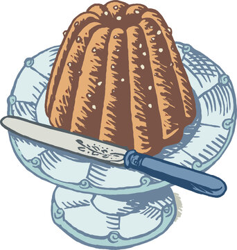 Gugelhupf auf Kuchenplatte mit Messer, Farbillustration
