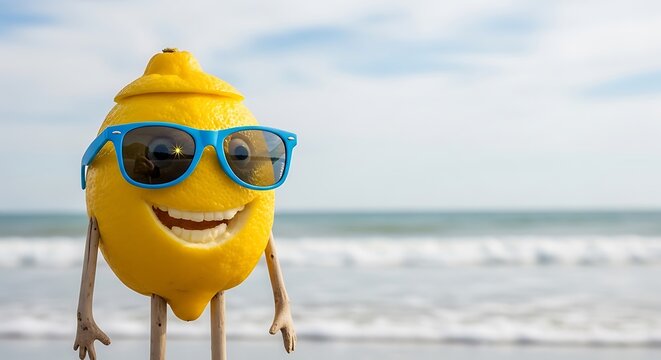 Happy Lemon Character with Sunglasses on a Sunny Beach Vacation.