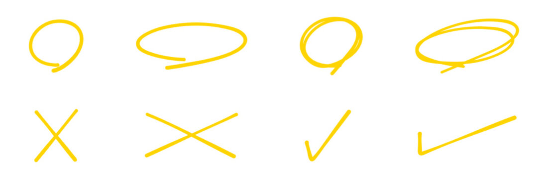 蛍光ペンで描いたような手書きの丸とバツとチェックマークのイラストセット