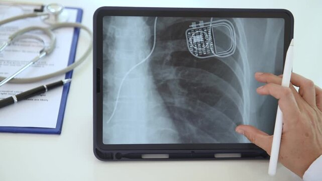 cardiothoracic surgeon looks medical x-ray image of pacemaker implantation cardioverter defibrillator in chest's patient.