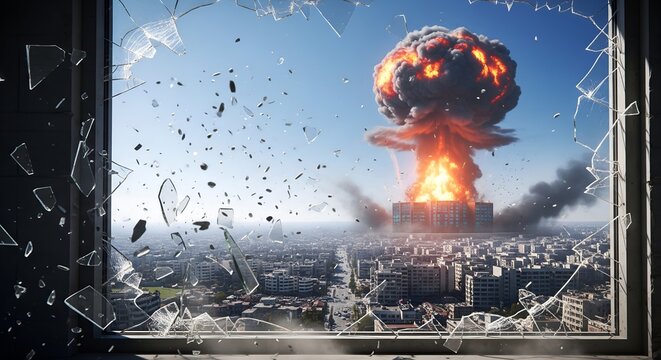 Massive nuclear explosion seen through a shattered glass window over a city