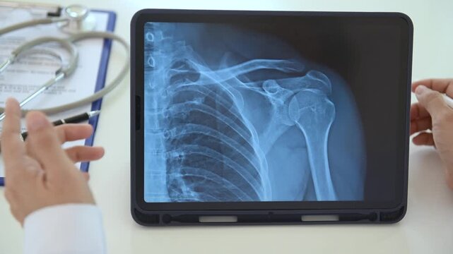 doctor radiologist diagnose human shoulder joint x-ray images shows on digital tablet. to see injuries of tendons and bones.