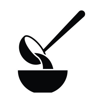 Ladle pouring soup into bowl icon for kitchen utensil and restaurant food service.