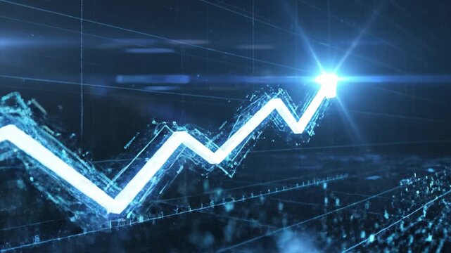 Rising digital graph with glowing arrow symbolizing growth and success futuristic blue technology style featuring data visualization chart finance digital landscape network connection and 3D grid