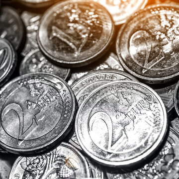 Background of Euro coins money.United kingdom Pound coin.US coins.Numismatics.Group of coins,Business concept. Iron money.Collection