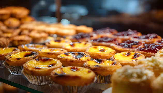 Pasteis and Pastel de nata, traditional Portuguese egg custard tart pasty cakes, dessert Pasteis de nata with different pastry in the cafe, bakery display window