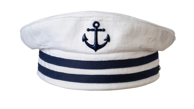White sailor hat with navy blue stripes and anchor emblem