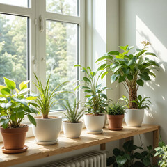 Fototapeta premium Illustration of potted houseplants on a windowsill by a window in bright sunlight. Fresh botanical scene with natural light, indoor greenery, cozy home decor, and peaceful atmosphere.