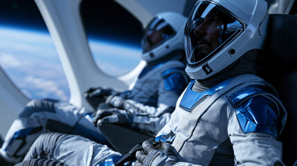 Suborbital tourism cabin interior features large oval windows framing a dark sky above the atmospheric curve as two passengers in fitted pressure suits float slightly off their reclined seats, gripp