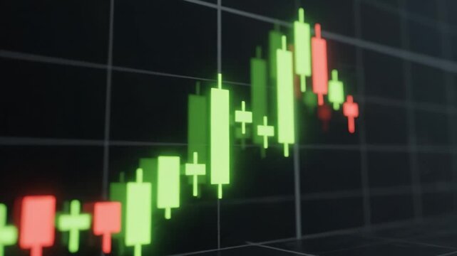 Stock market chart with green and red candlestick bars showing financial growth and decline trends, trading data, investment analysis, and market chart reflecting financial technology and market