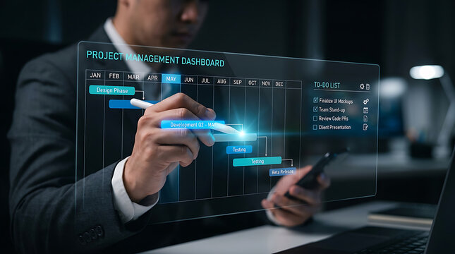 A person in a suit using a stylus on a transparent holographic project management dashboard with a gantt chart, to-do list, and project timeline