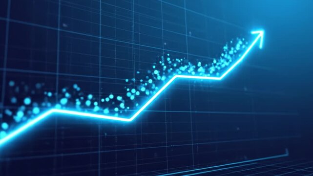Rising glowing blue arrow graph with digital data particles on dark grid background showing growth and progress in technology business and digital finance sectors