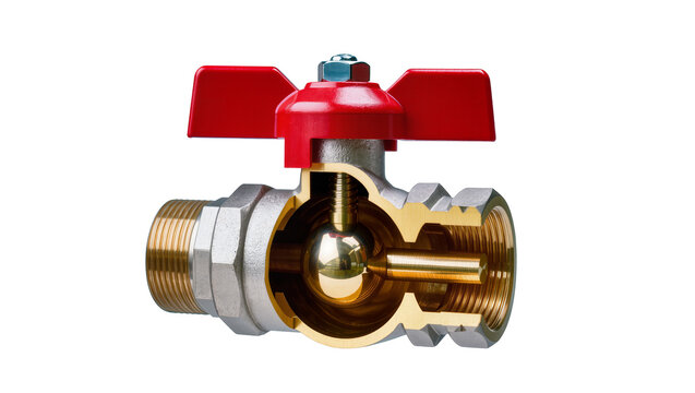 Cross section of ball valve with red handle and brass components