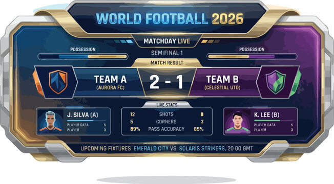 Digital scoreboard display showing football match details with team logos, player names, and score in a futuristic interface on a white background.