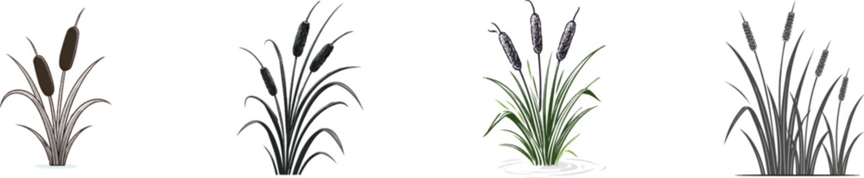 A bold graphic silhouette of a cattail plant features two solid black ink shapes against a pure white background, rendered in vector sticker style with clean sharp contours and high contrast