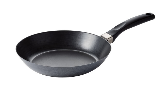 Black non-stick frying pan with black handle and metal accent