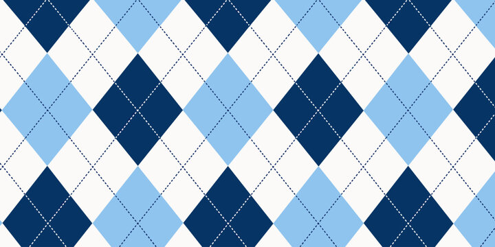 Classic argyle pattern in navy blue, light blue, and white diamond shapes