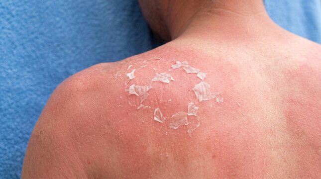 Severe back sunburn erythema with skin flaking on male shoulders