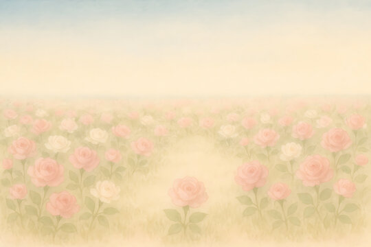 Scenic watercolor illustration of a blooming pink rose field under a soft blue sky with a centered focus flower. generated by AI.