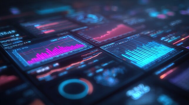 A futuristic data dashboard interface floating in space, featuring abstract holographic charts, translucent glass-like panels, a blurred background, and the concept of business intelligence analytics.