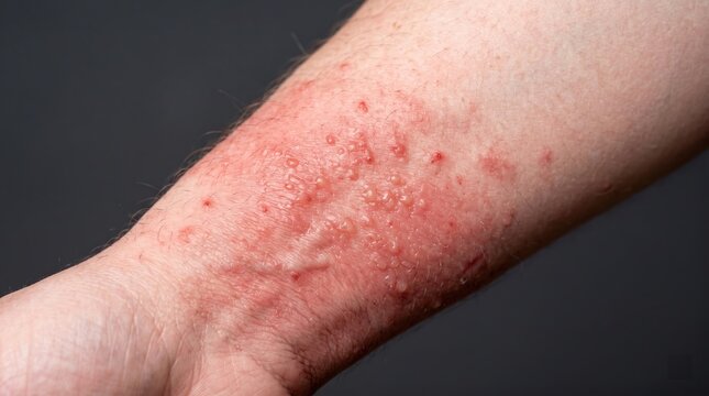 Acute allergic contact dermatitis with clustered vesicular rash on forearm