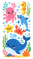 Fototapeta premium Cute cartoon marine animals and sea life collection for kids