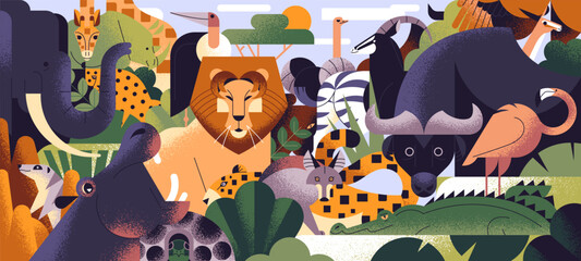 Banner with different African animals in geometric style. Safari nature. Stylized Savannah wildlife. Fauna of wild Africa- lion, bull, elephant, hippo, zebra, giraffe. Flat vector illustration © Paper Trident