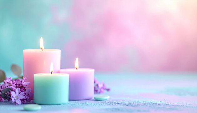 Pastel Scented Candles Burning Beside Purple Flowers on Soft Spa Background