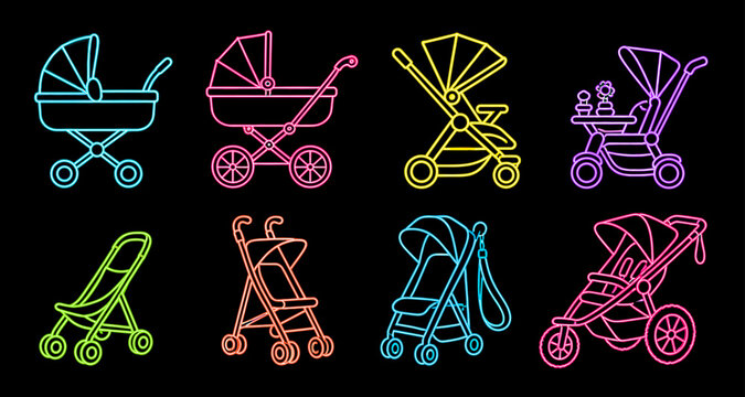 Collection of colorful neon baby strollers and prams on a black background