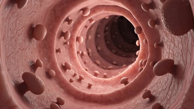 Large intestine interior, detailed mucosal lining with multiple colonic polyps, slow endoluminal camera movement, accurate anatomy, healthcare education concept, 4K video