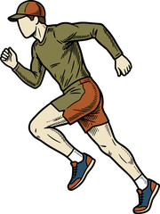 Fototapeta premium Man running vector illustration in hand drawn vintage engraving style. Retro sprinting athlete graphics for fitness posters, sports branding, and t-shirt prints