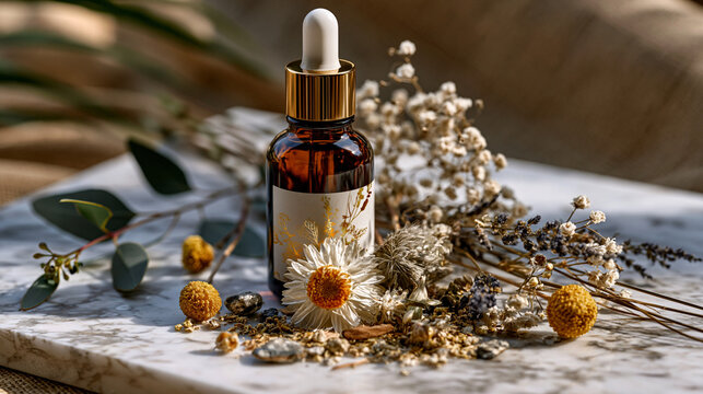 amber glass bottle with custom printed label design displayed beside botanical ingredient scatter on marble surface, close up detail rendering at golden hour for natural cosmetic wellness food bever