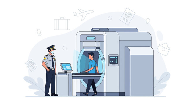 Airport Security Scanner with Guard and Passenger, Travel Safety and Screening Concept