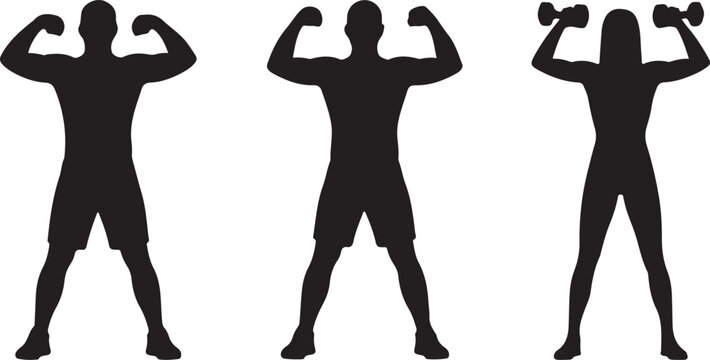 Silhouettes of people exercising, including men flexing muscles and a woman lifting dumbbells, representing fitness, bodybuilding, and healthy lifestyle