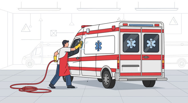 Ambulance cleaning in garage, emergency vehicle maintenance, healthcare hygiene