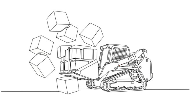 Skid Steer Loader Moving Cubes, Construction Equipment Line Art Illustration