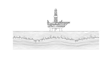 Obraz premium Offshore oil rig platform in ocean, industrial engineering, energy exploration, line art illustration